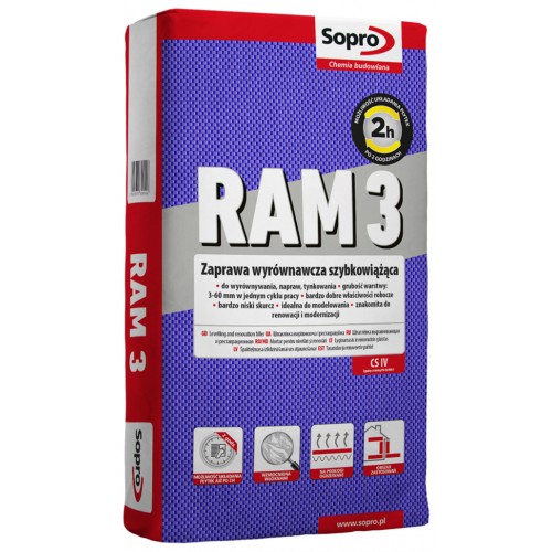Lyginimo ir renovacinys mišinys 3-60mm RAM3 25Kg, Sopro - Cementinis tinko skiedinys ir išlyginamasis mišinys, greitam išlyginimui, modeliavimui ir sienų ir grindų paviršių taisymui.